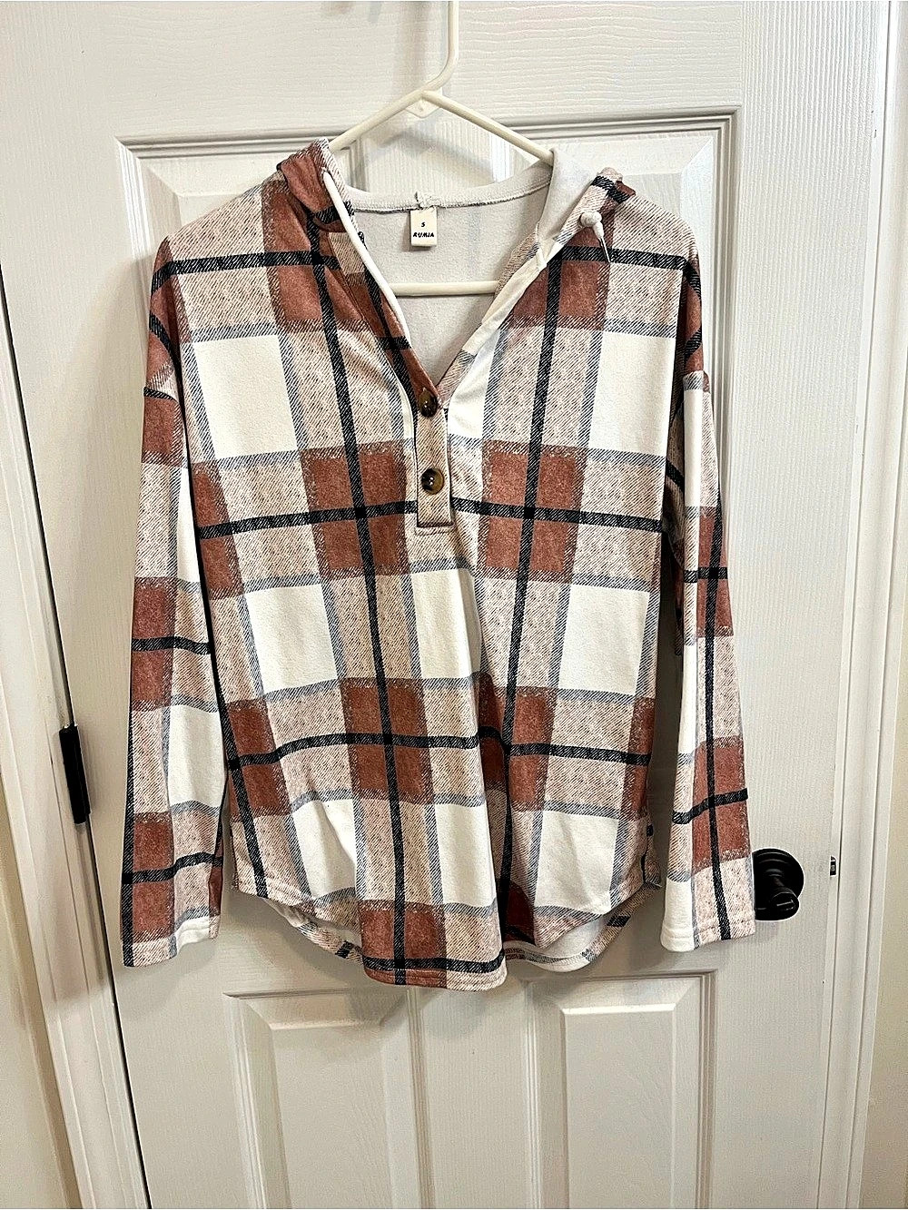 RUMIA Women'Small Plaid Hoodie Sweatshirt Brown & White